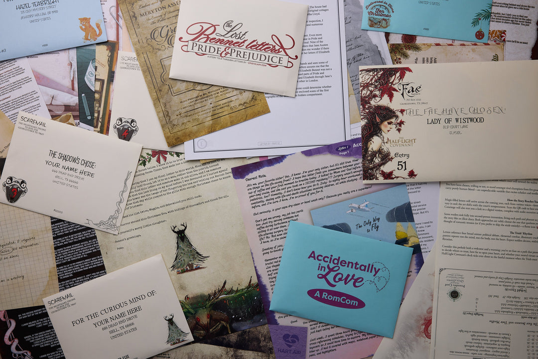 A spread of storyletters across genres — horror, romance, cozy mystery, Regency — each in its own envelope, each waiting to be opened.